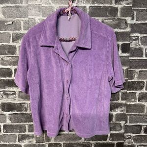 Monrow Terry Cloth Pocket Shirt purple button down top
